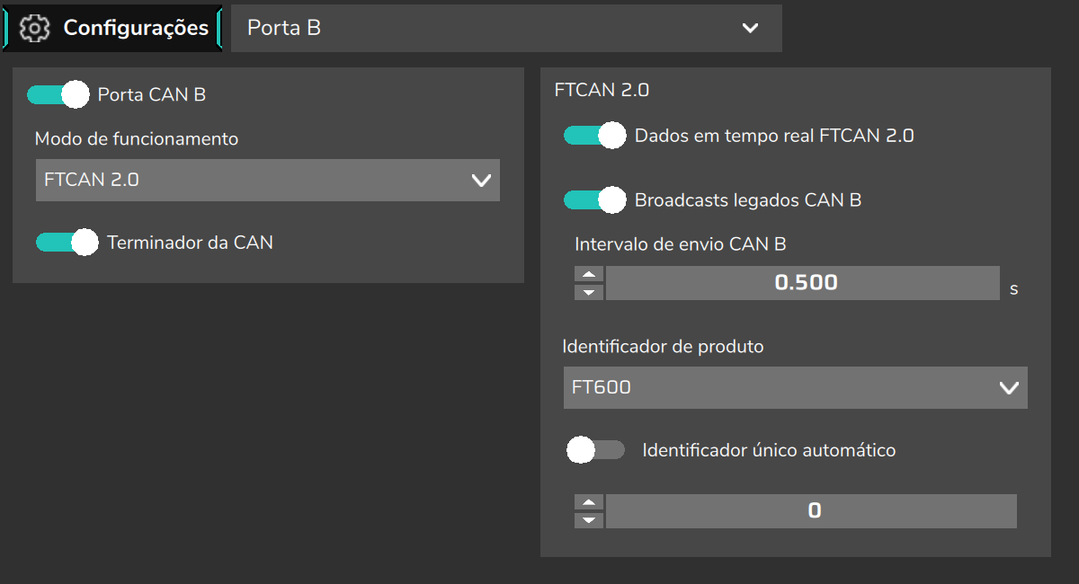 Porta B em FTCAN 2.0, com o grupo FTCAN 2.0 ativo.
