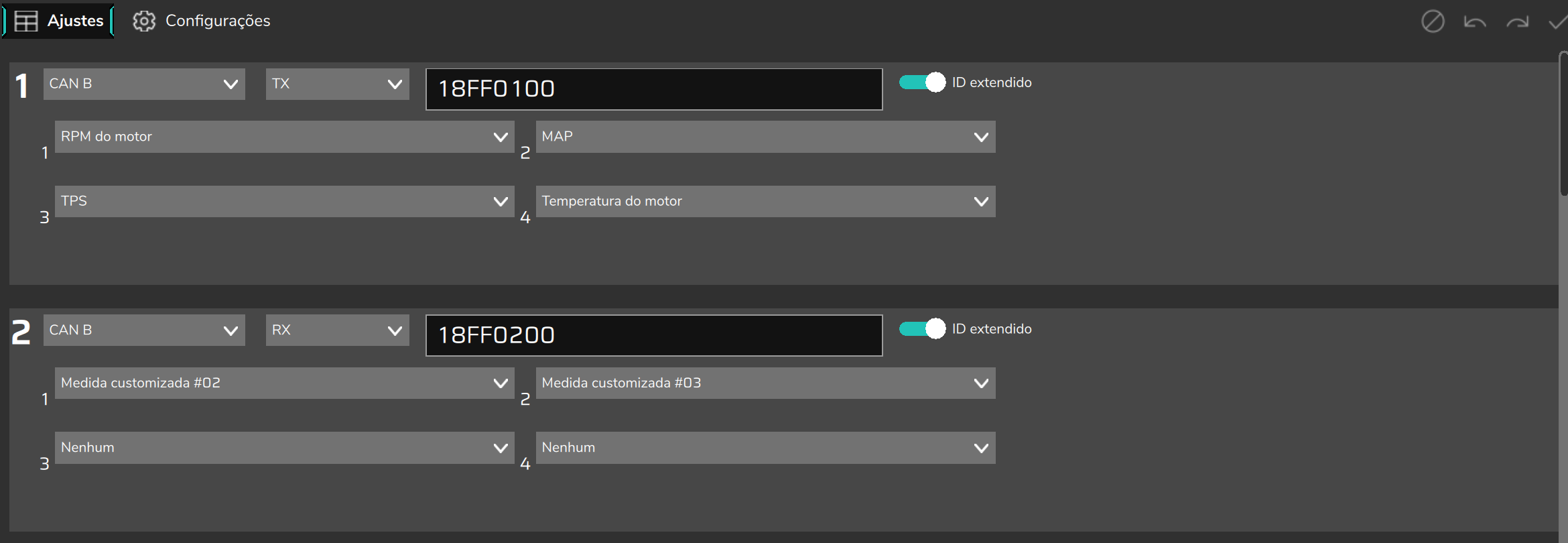 Pacotes customizados CAN, aba Ajustes.