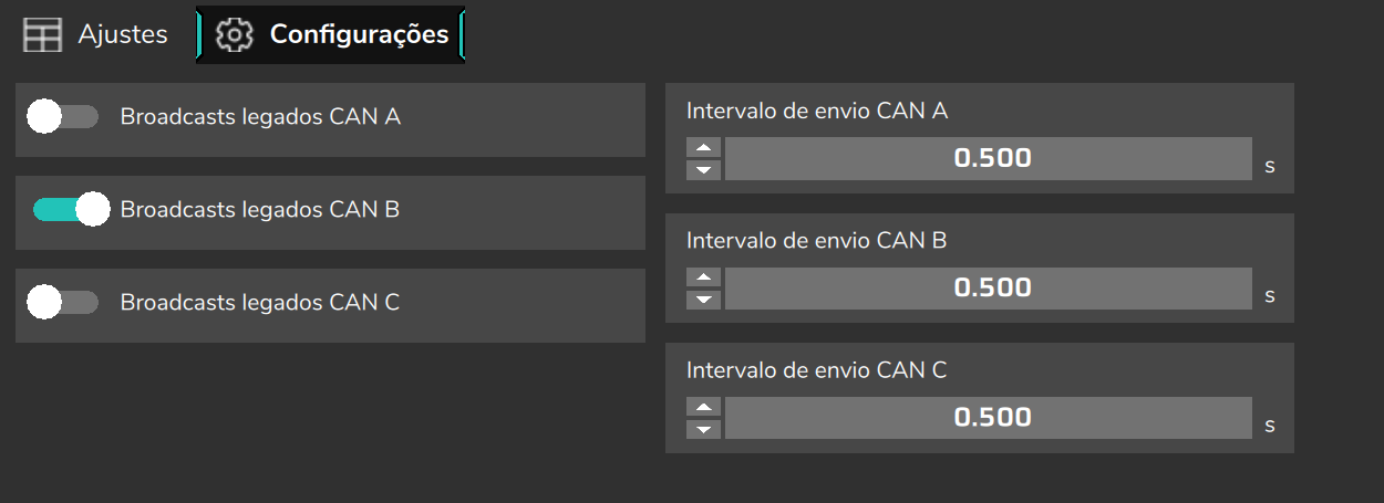 Pacotes customizados CAN, aba Configurações: Broadcasts legados e Intervalo de envio de cada porta.