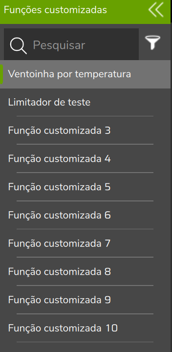 Menu lateral do FuelTech Vision, grupo Funções customizadas: duas funções com nome e Função customizada 3 a 10.