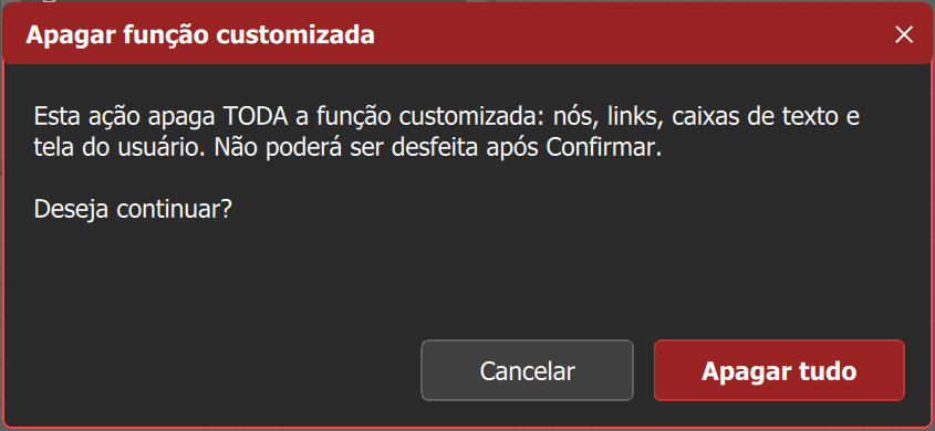 Confirmação Apagar função customizada: Cancelar mantém a função; Apagar tudo remove blocos, cabos, caixas de texto e a tela do usuário.
