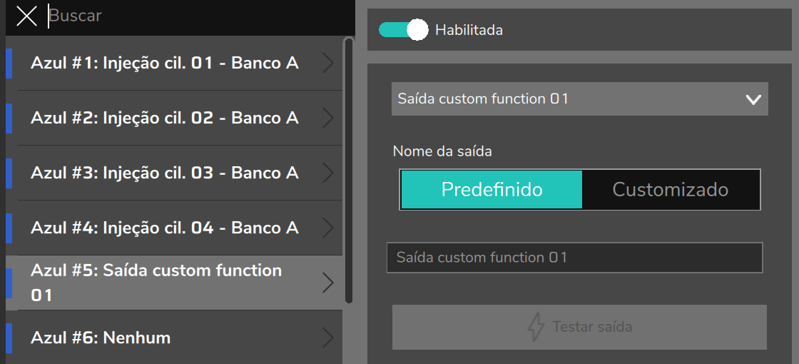 Tela Saídas: o pino Azul #5 com a função Saída custom function 01, a que o bloco Saída On/Off usa.