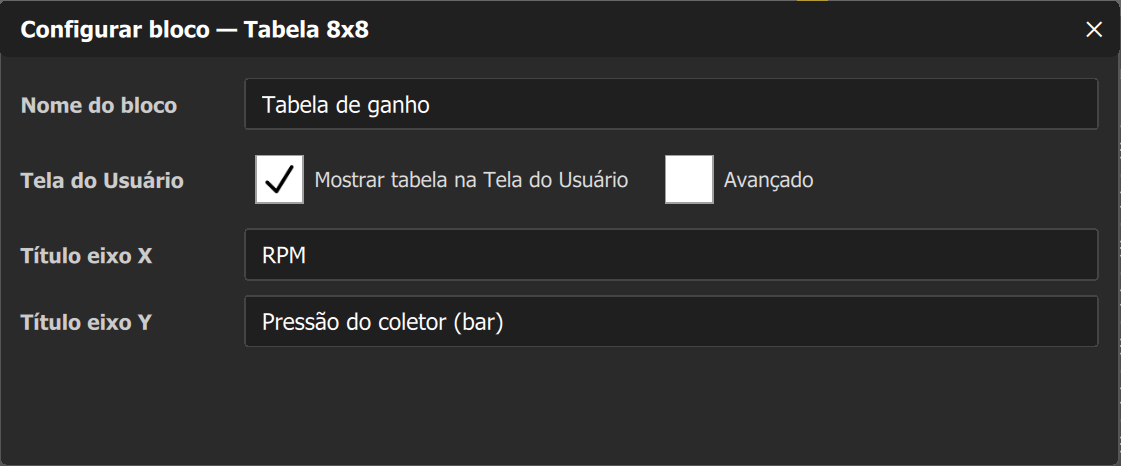 Configurar bloco de uma Tabela 8x8: Mostrar tabela na Tela do Usuário marcado e os títulos Título eixo X e Título eixo Y.