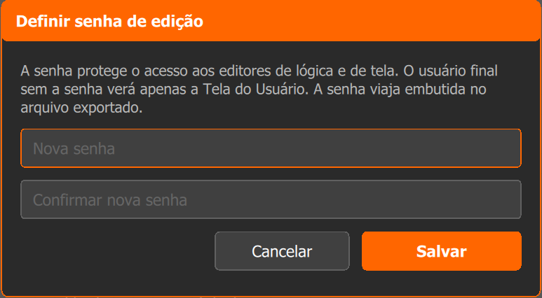 Janela Definir senha de edição com Nova senha, Confirmar nova senha, Cancelar e Salvar.