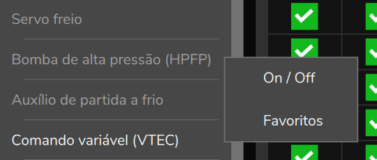 Funções Diversas: o cartão Bomba de alta pressão (HPFP) desligado e, ao segurá-lo, o menu On / Off.