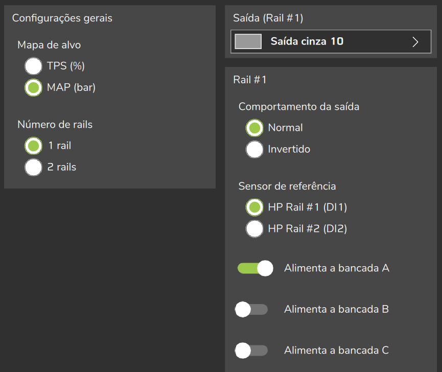 Configurações gerais com 1 rail (parte de cima da página): Mapa de alvo, Número de rails, saída, sensor e bancadas do Rail #1.