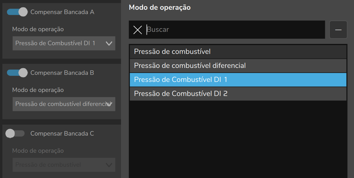 Compensação pelo desvio da pressão diferencial: Compensar Bancada A ligado e a lista de Modo de operação aberta.