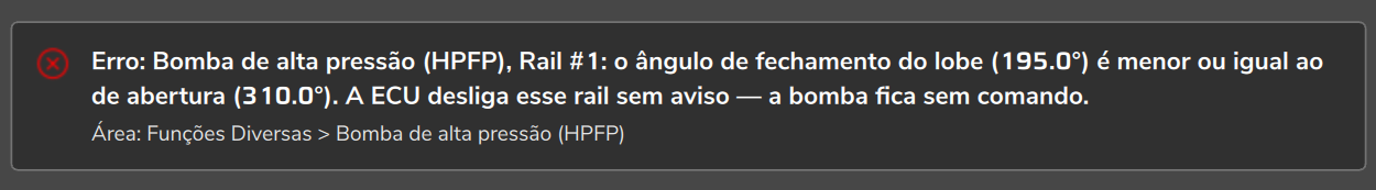 Validação de alertas de configurações com um erro da bomba: ângulo de fechamento do lobe menor ou igual ao de abertura (ângulos invertidos de propósito, só para esta captura).