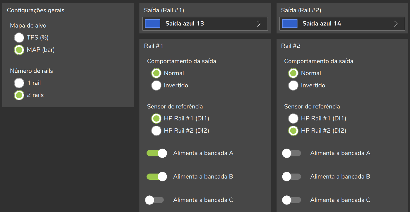 Configurações gerais com 2 rails (parte de cima da página): Rail #1 e Rail #2 lado a lado, cada um com saída, sensor e bancadas.