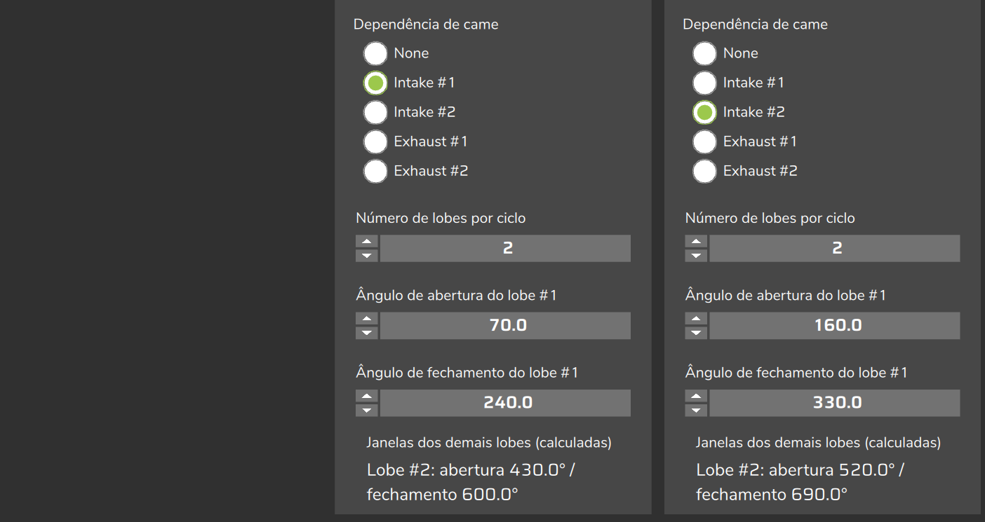 Parte de baixo da mesma página: came, lobes e ângulos de cada rail (valores do mapa de teste).