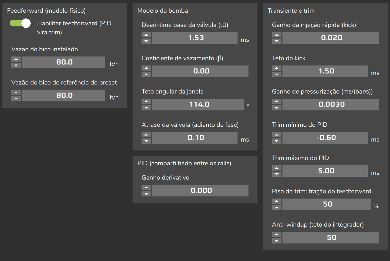 Configuração PID: Feedforward (modelo físico), Modelo da bomba, PID (compartilhado entre os rails) e Transiente e trim.