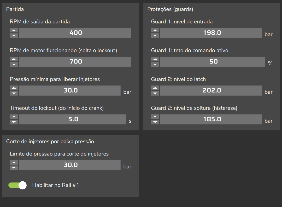Configurações de proteção: Partida, Corte de injetores por baixa pressão e Proteções (guards).