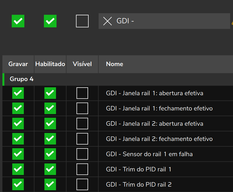 Configurações do datalogger filtradas por GDI: Gravar, Habilitado e Visível dos canais da bomba.