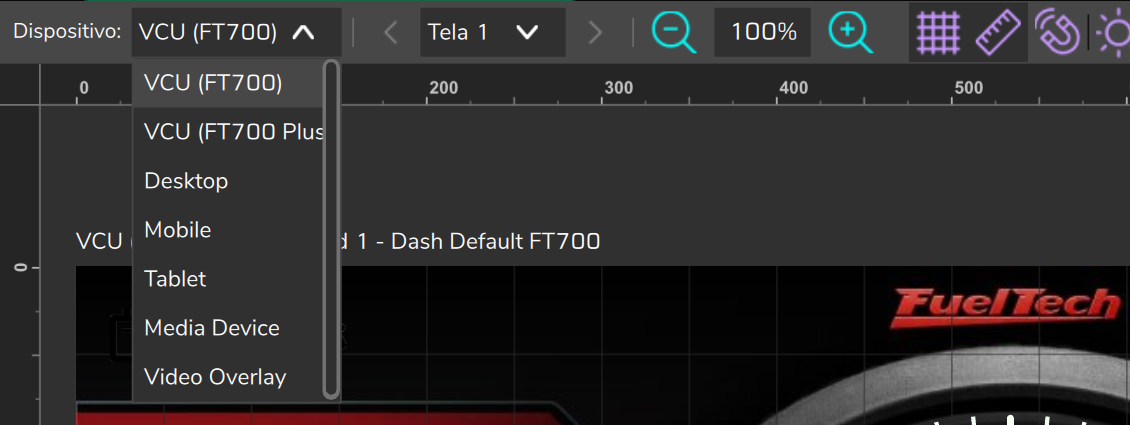 Editor do PC, barra superior com a lista Dispositivo: aberta e os sete alvos, de VCU (FT700) a Video Overlay.