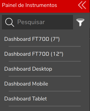 Menu lateral do PC com o grupo Painel de Instrumentos aberto e seus cinco itens, de Dashboard FT700 (7") a Dashboard Tablet.