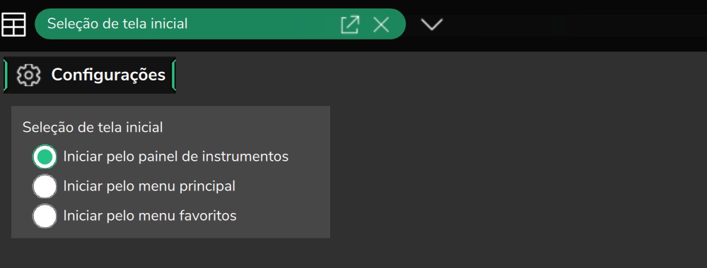 Seleção de tela inicial no PC (Configurações da Interface), com Iniciar pelo painel de instrumentos marcada.