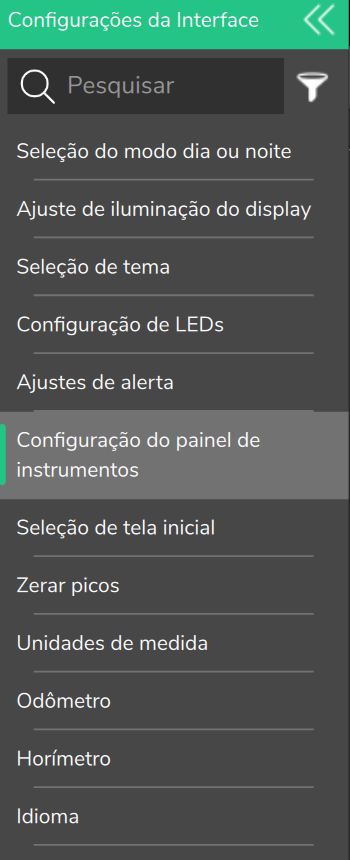 Menu lateral do PC com Configurações da Interface aberto: o sexto item é Configuração do painel de instrumentos.