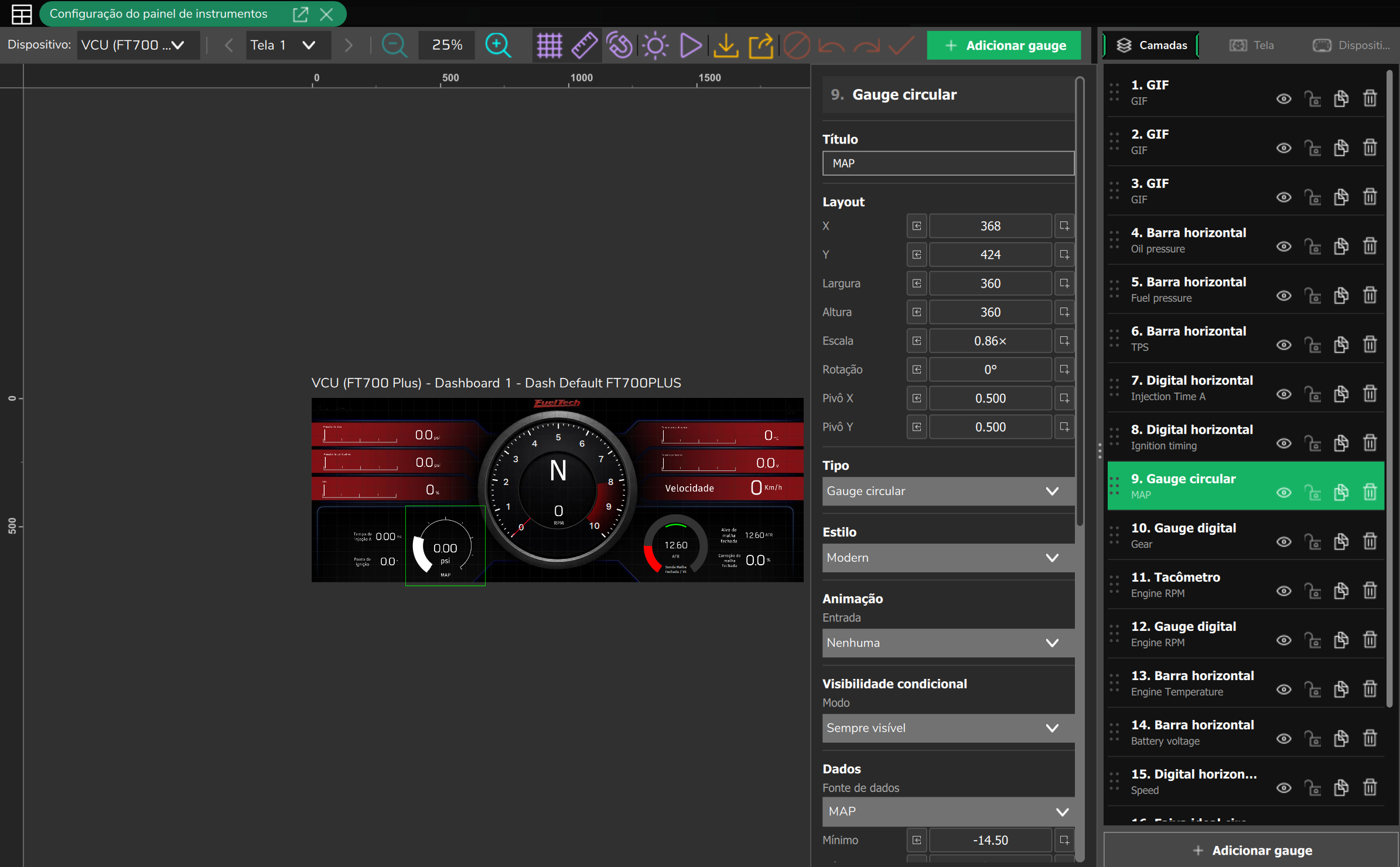 Editor do PC no alvo VCU (FT700 Plus): barra superior, área de trabalho, propriedades do Gauge circular selecionado e abas Camadas, Tela e Dispositivo.