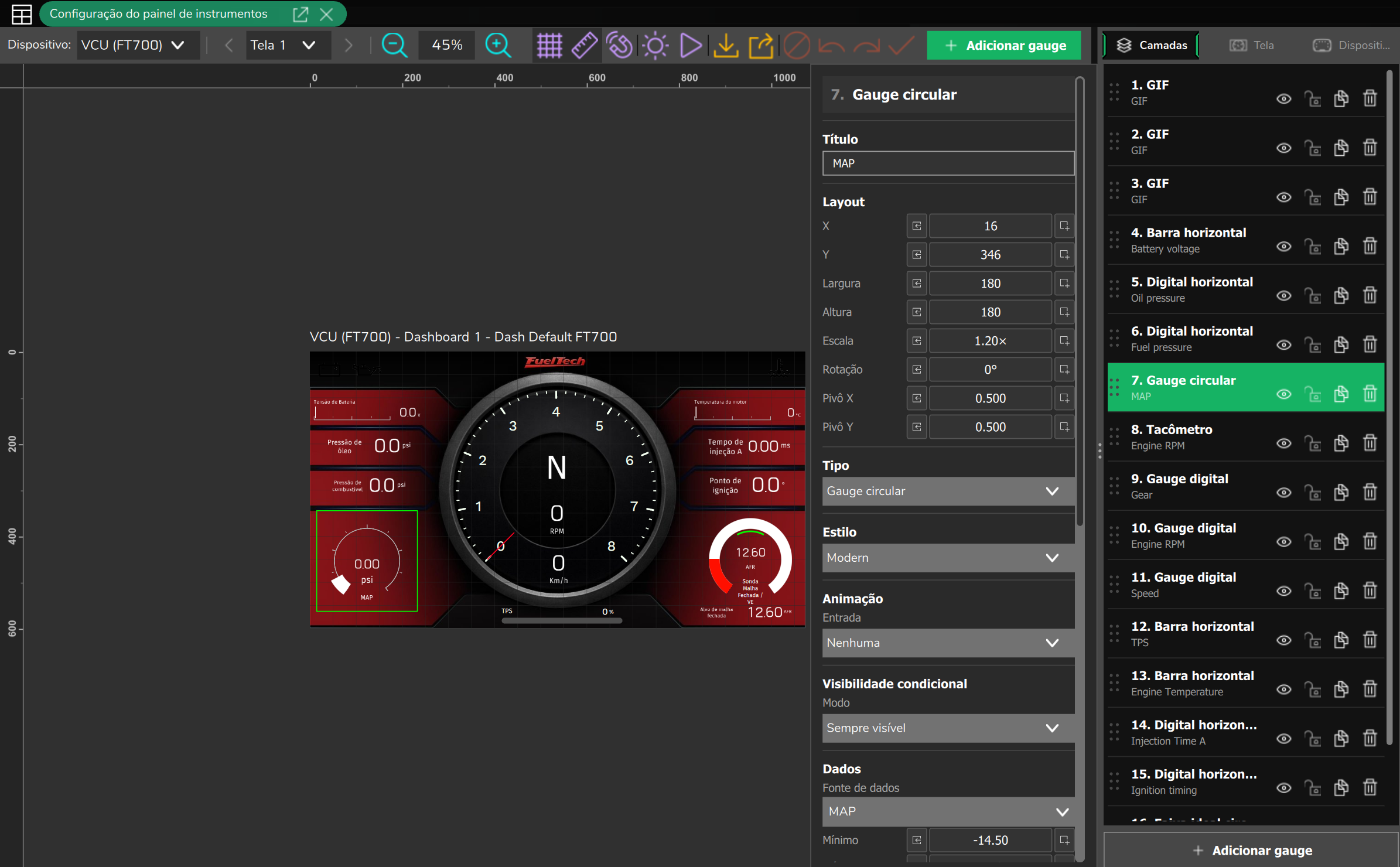 O mesmo editor no alvo VCU (FT700), com o painel de 1074 x 600 px.