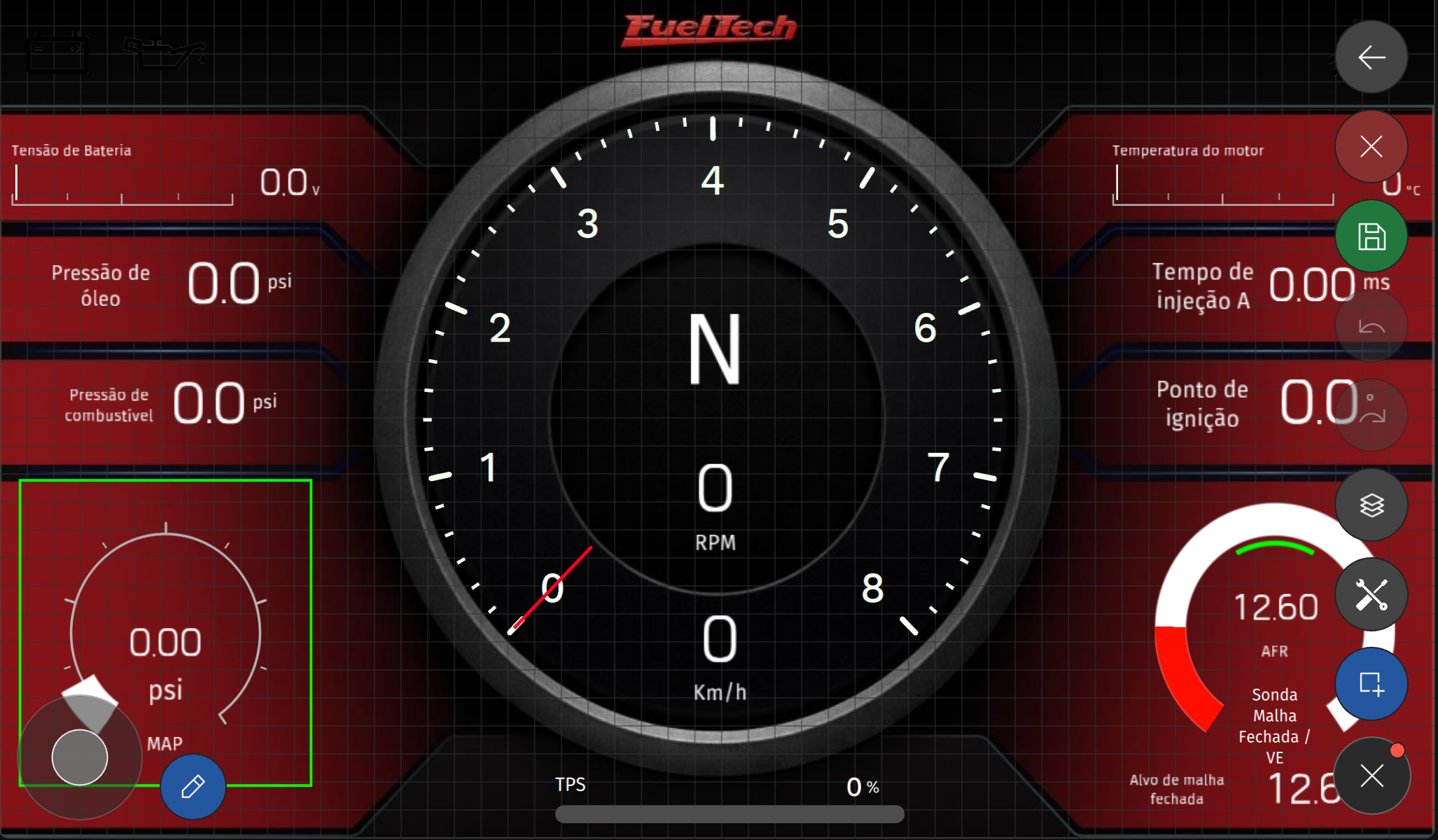 Interface da FT700 7" no editor de toque: botão flutuante aberto, joystick à esquerda, botão azul de edição e o MAP selecionado.