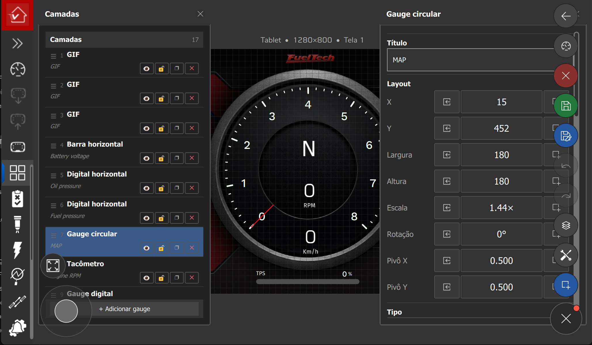 Interface do tablet no editor: painéis flutuantes de Camadas e de propriedades e botão flutuante com a coluna de ícones aberta.