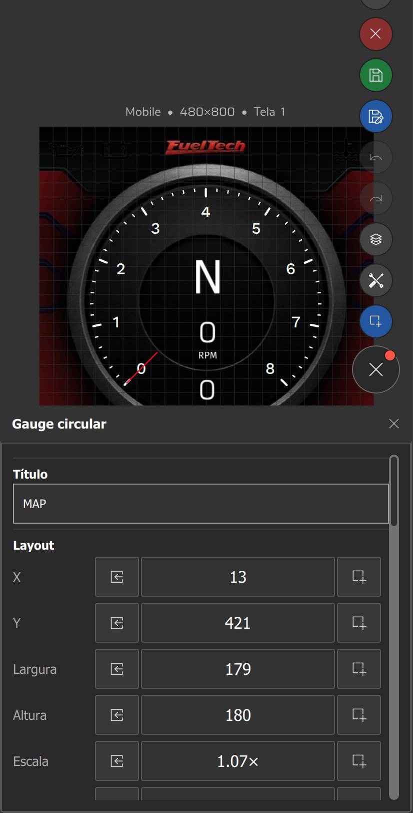 Interface do celular no editor: a folha de propriedades fica ancorada na base da tela.