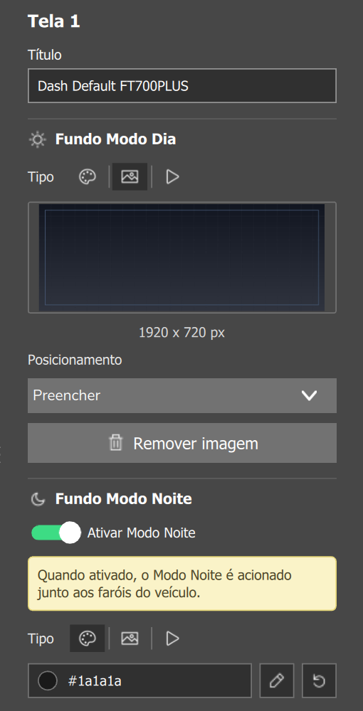 Aba Tela do alvo VCU (FT700 Plus): fundo do dia com imagem de 1920 x 720 px e fundo da noite com Ativar Modo Noite ligada.