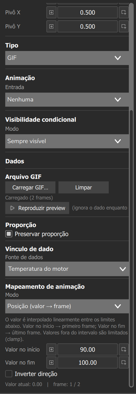 Painel de um GIF de 2 quadros: Vínculo de dado em Temperatura do motor, mapeamento por Posição de 90 a 100 e botão Reproduzir preview.