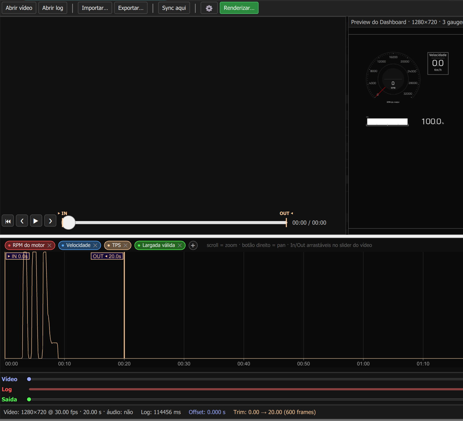 Aba Video Overlay Composer: botões Abrir vídeo, Abrir log, Sync aqui e Renderizar, prévia do painel, gráfico do log e linhas do tempo (janela do vídeo vazia nesta captura).