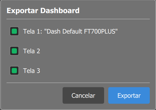 Popup Exportar Dashboard com as três telas marcadas e os botões Cancelar e Exportar.