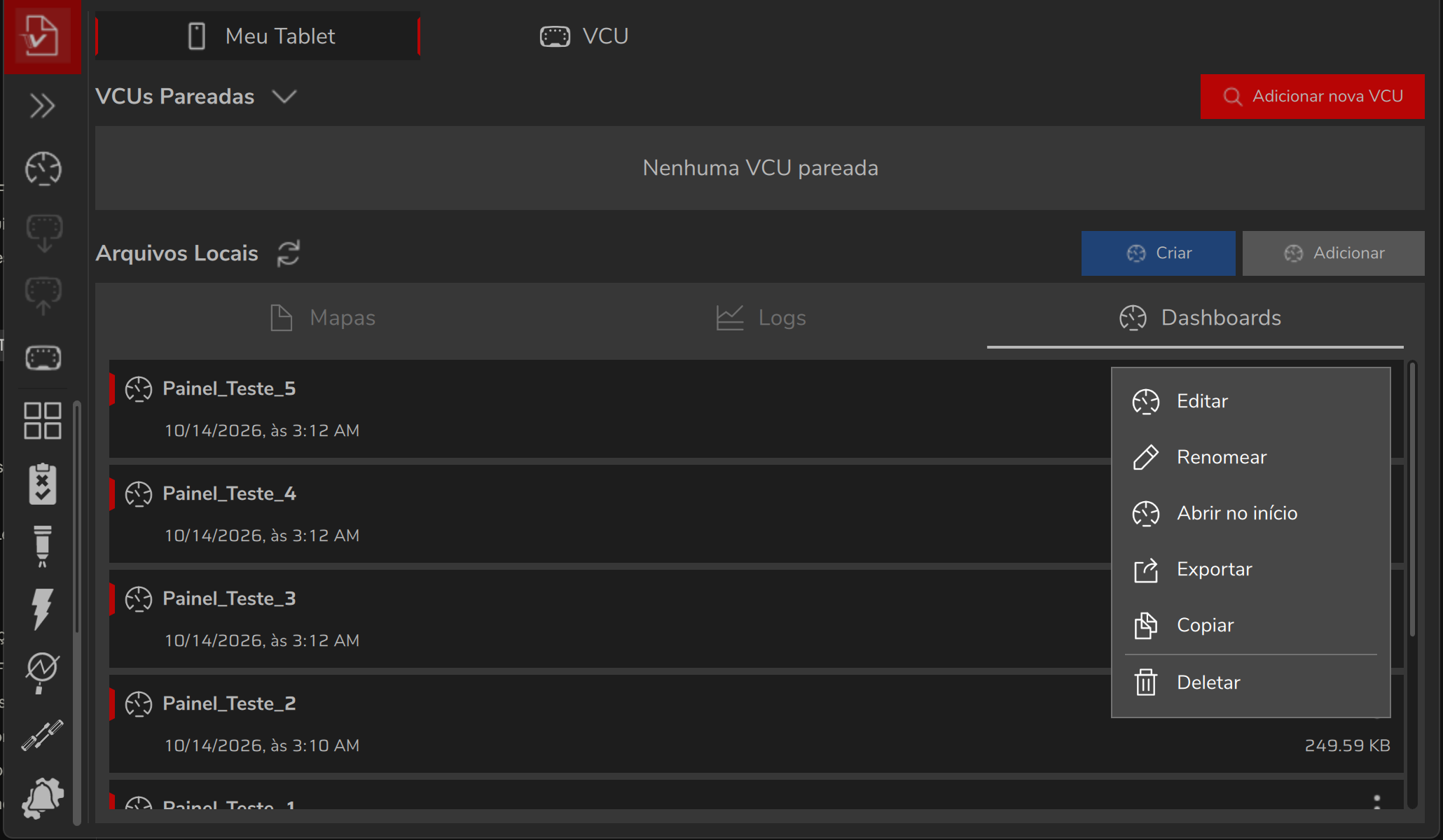 Interface do tablet em Arquivos Locais, aba Dashboards: a lista de painéis, com o menu de três pontos de um deles aberto.