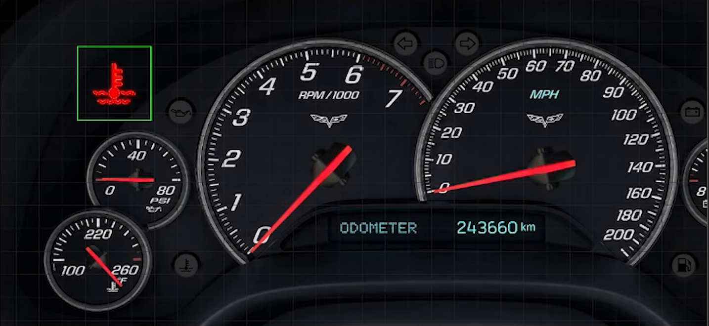 Ícone vermelho de temperatura do motor sobre o fundo do painel realista: uma imagem com Visibilidade condicional faz a luz aparecer e sumir (vídeo FT Education, versão anterior do software).
