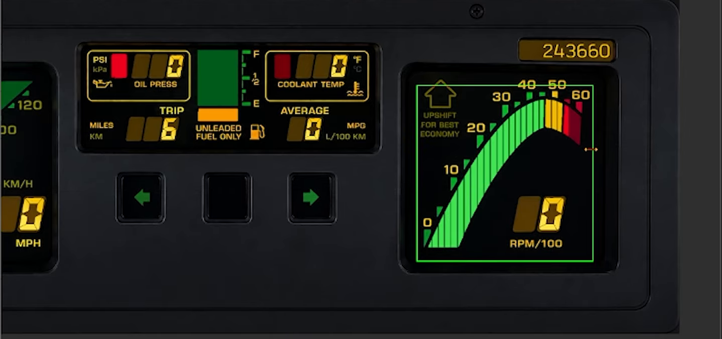 Recorte do painel digital com a barra de RPM acesa até cerca de 4500 rpm. A moldura verde marca o GIF selecionado (vídeo FT Education, versão anterior do software).