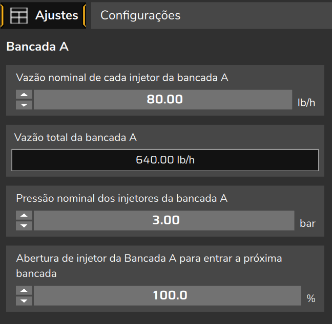 Bancada A: vazão nominal do injetor, vazão total, pressão nominal e abertura para entrar a próxima bancada (valores de um mapa de exemplo, não os de fábrica).