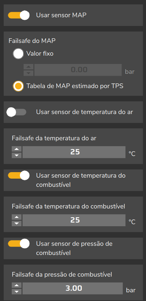 Sensores do VE: chaves Usar sensor e failsafe do MAP, da temperatura do ar e da temperatura e da pressão do combustível.