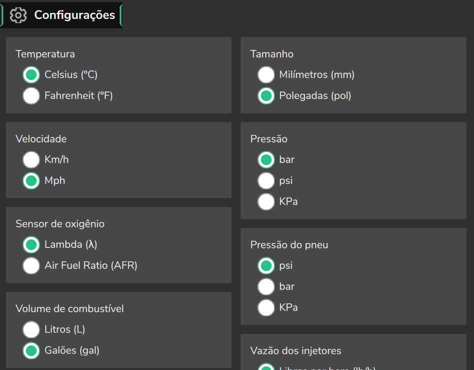 Unidades de medida: temperatura, pressão e sensor de oxigênio.