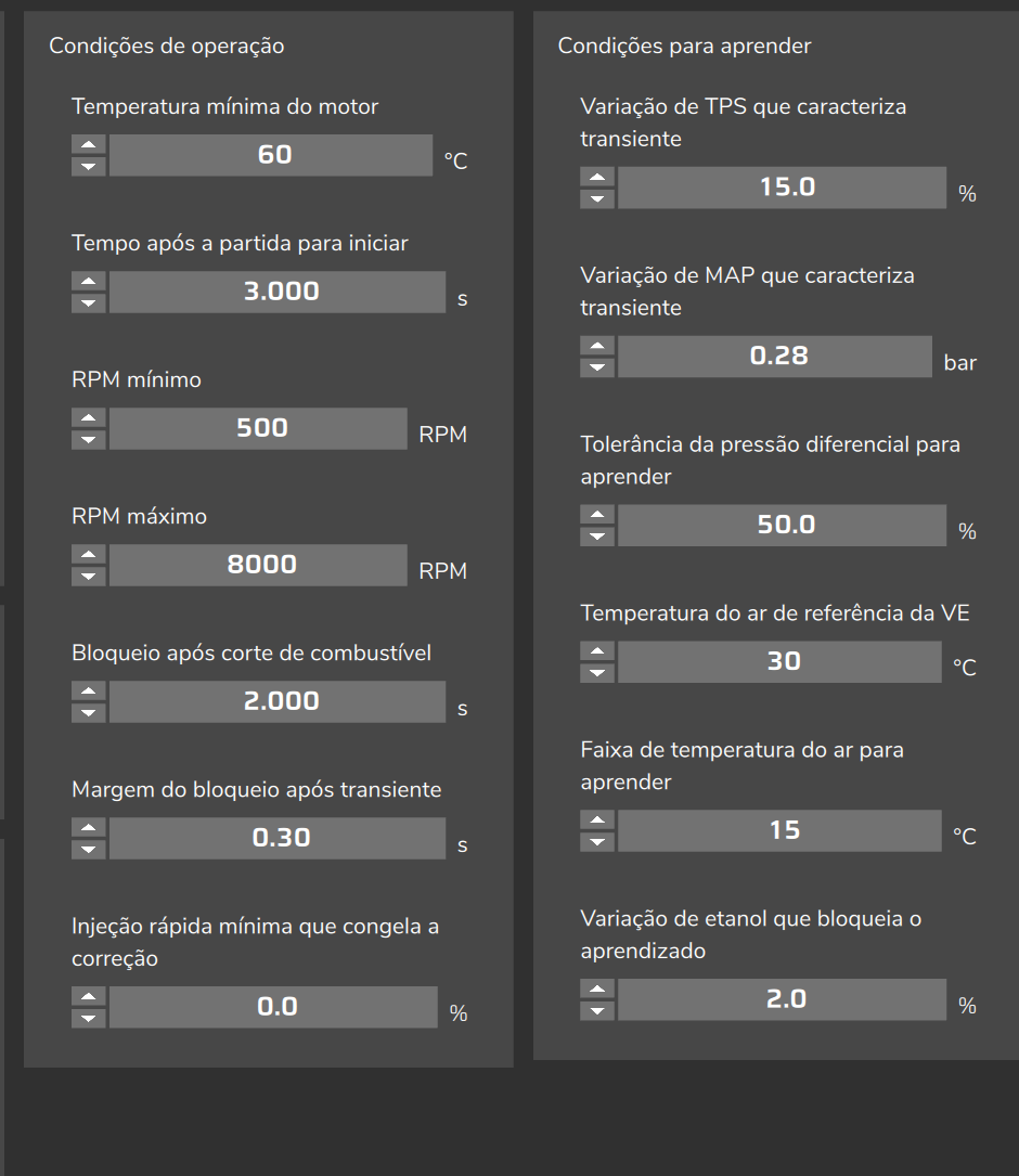 Malha fechada de combustível (VE), aba Configurações: condições de operação e condições para aprender (valores de um mapa de exemplo, não os de fábrica).