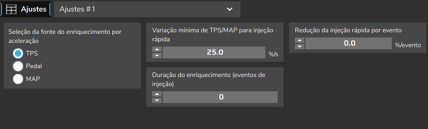 Injeção rápida, Ajustes #1: fonte, variação mínima, redução por evento e duração (valores de um mapa de exemplo, não os de fábrica).